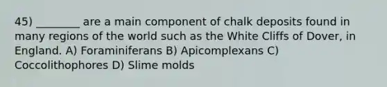 45) ________ are a main component of chalk deposits found in many regions of the world such as the White Cliffs of Dover, in England. A) Foraminiferans B) Apicomplexans C) Coccolithophores D) Slime molds