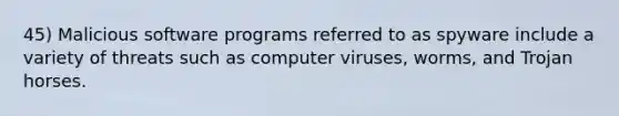 45) Malicious software programs referred to as spyware include a variety of threats such as computer viruses, worms, and Trojan horses.