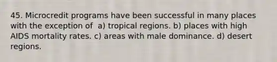 45. Microcredit programs have been successful in many places with the exception of ​​ a) tropical regions. b) places with high AIDS mortality rates. c) areas with male dominance. d) desert regions.