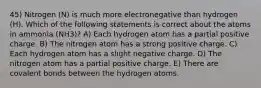 45) Nitrogen (N) is much more electronegative than hydrogen (H). Which of the following statements is correct about the atoms in ammonia (NH3)? A) Each hydrogen atom has a partial positive charge. B) The nitrogen atom has a strong positive charge. C) Each hydrogen atom has a slight negative charge. D) The nitrogen atom has a partial positive charge. E) There are covalent bonds between the hydrogen atoms.