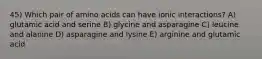 45) Which pair of amino acids can have ionic interactions? A) glutamic acid and serine B) glycine and asparagine C) leucine and alanine D) asparagine and lysine E) arginine and glutamic acid