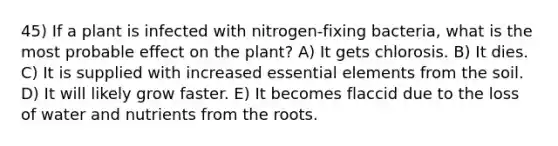 45) If a plant is infected with nitrogen-fixing bacteria, what is the most probable effect on the plant? A) It gets chlorosis. B) It dies. C) It is supplied with increased essential elements from the soil. D) It will likely grow faster. E) It becomes flaccid due to the loss of water and nutrients from the roots.