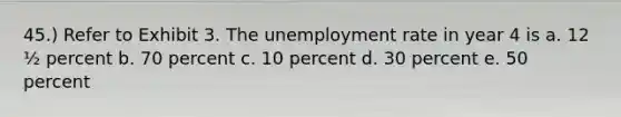 45.) Refer to Exhibit 3. The unemployment rate in year 4 is a. 12 ½ percent b. 70 percent c. 10 percent d. 30 percent e. 50 percent