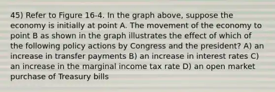 45) Refer to Figure 16-4. In the graph above, suppose the economy is initially at point A. The movement of the economy to point B as shown in the graph illustrates the effect of which of the following policy actions by Congress and the president? A) an increase in transfer payments B) an increase in interest rates C) an increase in the marginal income tax rate D) an open market purchase of Treasury bills