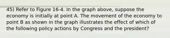 45) Refer to Figure 16-4. In the graph above, suppose the economy is initially at point A. The movement of the economy to point B as shown in the graph illustrates the effect of which of the following policy actions by Congress and the president?