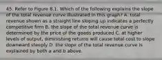 45. Refer to Figure 8.1. Which of the following explains the slope of the total revenue curve illustrated in this graph? A. total revenue shown as a straight line sloping up indicates a perfectly competitive firm B. the slope of the total revenue curve is determined by the price of the goods produced C. at higher levels of output, diminishing returns will cause total cost to slope downward steeply D. the slope of the total revenue curve is explained by both a and b above.