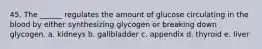 45. The ______ regulates the amount of glucose circulating in the blood by either synthesizing glycogen or breaking down glycogen. a. kidneys b. gallbladder c. appendix d. thyroid e. liver