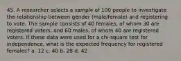 45. A researcher selects a sample of 100 people to investigate the relationship between gender (male/female) and registering to vote. The sample consists of 40 females, of whom 30 are registered voters, and 60 males, of whom 40 are registered voters. If these data were used for a chi-square test for independence, what is the expected frequency for registered females? a. 12 c. 40 b. 28 d. 42