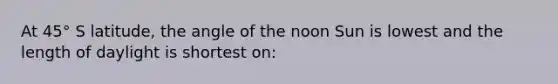 At 45° S latitude, the angle of the noon Sun is lowest and the length of daylight is shortest on: