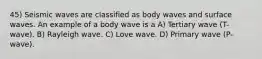 45) Seismic waves are classified as body waves and surface waves. An example of a body wave is a A) Tertiary wave (T-wave). B) Rayleigh wave. C) Love wave. D) Primary wave (P-wave).