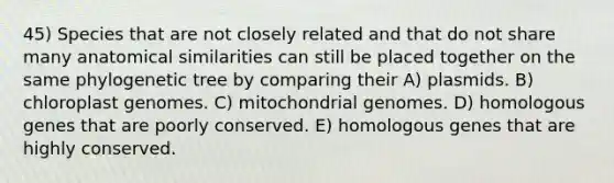 45) Species that are not closely related and that do not share many anatomical similarities can still be placed together on the same phylogenetic tree by comparing their A) plasmids. B) chloroplast genomes. C) mitochondrial genomes. D) homologous genes that are poorly conserved. E) homologous genes that are highly conserved.