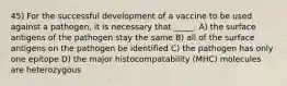 45) For the successful development of a vaccine to be used against a pathogen, it is necessary that _____. A) the surface antigens of the pathogen stay the same B) all of the surface antigens on the pathogen be identified C) the pathogen has only one epitope D) the major histocompatability (MHC) molecules are heterozygous