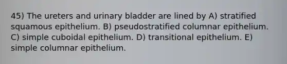 45) The ureters and <a href='https://www.questionai.com/knowledge/kb9SdfFdD9-urinary-bladder' class='anchor-knowledge'>urinary bladder</a> are lined by A) stratified squamous epithelium. B) pseudostratified columnar epithelium. C) simple cuboidal epithelium. D) transitional epithelium. E) simple columnar epithelium.