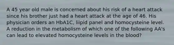 A 45 year old male is concerned about his risk of a heart attack since his brother just had a heart attack at the age of 46. His physician orders an HbA1C, liipid panel and homocysteine level. A reduction in the metabolism of which one of the following AA's can lead to elevated homocysteine levels in the blood?