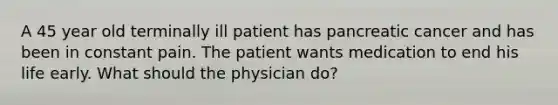 A 45 year old terminally ill patient has pancreatic cancer and has been in constant pain. The patient wants medication to end his life early. What should the physician do?