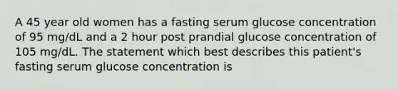 A 45 year old women has a fasting serum glucose concentration of 95 mg/dL and a 2 hour post prandial glucose concentration of 105 mg/dL. The statement which best describes this patient's fasting serum glucose concentration is