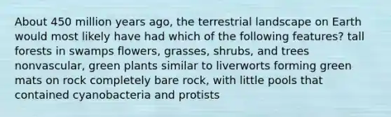 About 450 million years ago, the terrestrial landscape on Earth would most likely have had which of the following features? tall forests in swamps flowers, grasses, shrubs, and trees nonvascular, green plants similar to liverworts forming green mats on rock completely bare rock, with little pools that contained cyanobacteria and protists