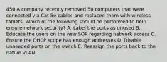 450.A company recently removed 50 computers that were connected via Cat 5e cables and replaced them with wireless tablets. Which of the following should be performed to help ensure network security? A. Label the ports as unused B. Educate the users on the new SOP regarding network access C. Ensure the DHCP scope has enough addresses D. Disable unneeded ports on the switch E. Reassign the ports back to the native VLAN