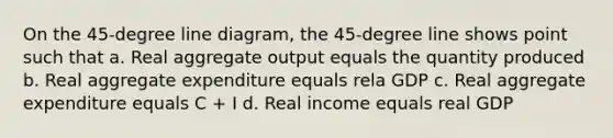 On the 45-degree line diagram, the 45-degree line shows point such that a. Real aggregate output equals the quantity produced b. Real aggregate expenditure equals rela GDP c. Real aggregate expenditure equals C + I d. Real income equals real GDP