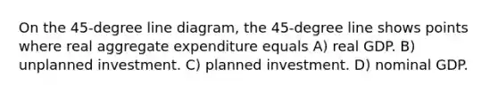 On the 45-degree line diagram, the 45-degree line shows points where real aggregate expenditure equals A) real GDP. B) unplanned investment. C) planned investment. D) nominal GDP.