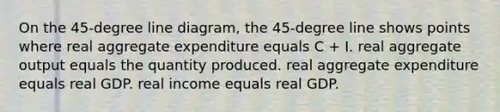 On the 45-degree line diagram, the 45-degree line shows points where real aggregate expenditure equals C + I. real aggregate output equals the quantity produced. real aggregate expenditure equals real GDP. real income equals real GDP.