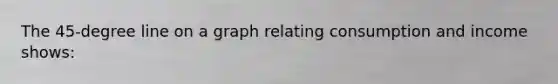 The 45-degree line on a graph relating consumption and income shows: