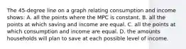 The 45-degree line on a graph relating consumption and income shows: A. all the points where the MPC is constant. B. all the points at which saving and income are equal. C. all the points at which consumption and income are equal. D. the amounts households will plan to save at each possible level of income.