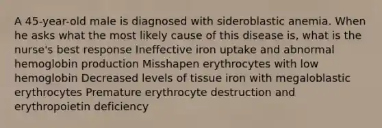 A 45-year-old male is diagnosed with sideroblastic anemia. When he asks what the most likely cause of this disease is, what is the nurse's best response Ineffective iron uptake and abnormal hemoglobin production Misshapen erythrocytes with low hemoglobin Decreased levels of tissue iron with megaloblastic erythrocytes Premature erythrocyte destruction and erythropoietin deficiency