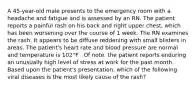 A 45-year-old male presents to the emergency room with a headache and fatigue and is assessed by an RN. The patient reports a painful rash on his back and right upper chest, which has been worsening over the course of 1 week. The RN examines the rash. It appears to be diffuse reddening with small blisters in areas. The patient's heart rate and blood pressure are normal and temperature is 102°F . Of note, the patient reports enduring an unusually high level of stress at work for the past month. Based upon the patient's presentation, which of the following viral diseases is the most likely cause of the rash?