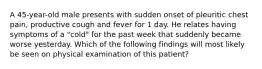 A 45-year-old male presents with sudden onset of pleuritic chest pain, productive cough and fever for 1 day. He relates having symptoms of a "cold" for the past week that suddenly became worse yesterday. Which of the following findings will most likely be seen on physical examination of this patient?