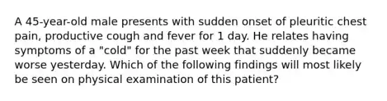 A 45-year-old male presents with sudden onset of pleuritic chest pain, productive cough and fever for 1 day. He relates having symptoms of a "cold" for the past week that suddenly became worse yesterday. Which of the following findings will most likely be seen on physical examination of this patient?