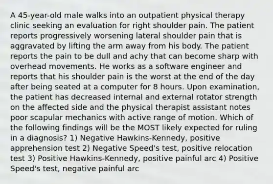 A 45-year-old male walks into an outpatient physical therapy clinic seeking an evaluation for right shoulder pain. The patient reports progressively worsening lateral shoulder pain that is aggravated by lifting the arm away from his body. The patient reports the pain to be dull and achy that can become sharp with overhead movements. He works as a software engineer and reports that his shoulder pain is the worst at the end of the day after being seated at a computer for 8 hours. Upon examination, the patient has decreased internal and external rotator strength on the affected side and the physical therapist assistant notes poor scapular mechanics with active range of motion. Which of the following findings will be the MOST likely expected for ruling in a diagnosis? 1) Negative Hawkins-Kennedy, positive apprehension test 2) Negative Speed's test, positive relocation test 3) Positive Hawkins-Kennedy, positive painful arc 4) Positive Speed's test, negative painful arc