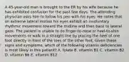 A 45-year-old man is brought to the ER by his wife because he has exhibited confusion for the past few days. The attending physician asks him to follow his pen with his eyes. He notes that on extreme lateral motion his eyes exhibit an involuntary rhythmic movement toward the midline and then back to lateral gaze. The patient is unable to do finger-to-nose or heel-to-shin movements or walk in a straight line by placing the heel of one foot directly in front of the toes of the other foot. Given these signs and symptoms, which of the following vitamin deficiencies is most likely in this patient? A. folate B. vitamin B1 C. vitamin B2 D. vitamin B6 E. vitamin B12