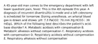 A 45-year-old man comes to the emergency department with left lower quadrant pain, fever. This is the 4th episode this year. A diagnosis of recurrent diverticulitis is made and a left colectomy is scheduled for tomorrow. During anesthesia, an arterial blood gas is drawn and shows: pH: 7.3 PaCO2: 70 mm Hg HCO3-: 30 mEq/L. Which of the following best describes the patient's acid-base disorder? A. Metabolic acidosis with compensation B. Metabolic alkalosis without compensation C. Respiratory acidosis with compensation D. Respiratory acidosis without compensation E. Respiratory alkalosis without compensation