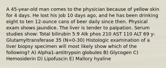 A 45-year-old man comes to the physician because of yellow skin for 4 days. He lost his job 10 days ago, and he has been drinking eight to ten 12-ounce cans of beer daily since then. Physical exam shows jaundice. The liver is tender to palpation. Serum studies show: Total bilirubin 5.9 Alk phos 210 AST 110 ALT 69 y-Glutamyltransferase 35 (N=0-30) Histologic examination of a liver biopsy specimen will most likely show which of the following? A) Alpha1-antitrypsin globules B) Glycogen C) Hemosiderin D) Lipofuscin E) Mallory hyaline