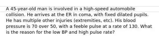 A 45-year-old man is involved in a high-speed automobile collision. He arrives at the ER in coma, with fixed dilated pupils. He has multiple other injuries (extremities, etc). His blood pressure is 70 over 50, with a feeble pulse at a rate of 130. What is the reason for the low BP and high pulse rate?