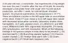 A 45-year-old man, a nonsmoker, has experienced a 3-kg weight loss over the past 3 months after the loss of his job. He recently developed a low-grade fever and cough with mucoid sputum production, and after 1 week, he noticed blood- streaked sputum. On physical examination, his temperature is 37.7°C. There are bilateral crackles in the left upper lobe on auscultation of the chest. Chest CT scan shows a 3-cm left upper lobe nodule with decreased attenuation centrally. Laboratory studies show hemoglobin, 14.5 g/dL; platelet count, 211,400/mm3; and WBC count, 9890/mm3 with 40% segmented neutrophils, 2% bands, 40% lymphocytes, and 18% monocytes. Which of the following findings in his sputum sample is most likely to be present? □ (A) Acid-fast bacilli □ (B) Branching septate hyphae □ (C) Charcot-Leyden crystals □ (D) Foreign body giant cells □ (E) Gram-negative bacilli □ (F) Small dark neoplastic cells