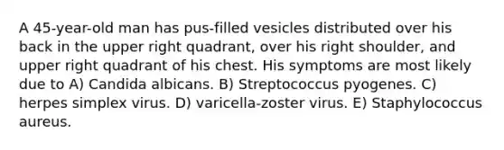 A 45-year-old man has pus-filled vesicles distributed over his back in the upper right quadrant, over his right shoulder, and upper right quadrant of his chest. His symptoms are most likely due to A) Candida albicans. B) Streptococcus pyogenes. C) herpes simplex virus. D) varicella-zoster virus. E) Staphylococcus aureus.