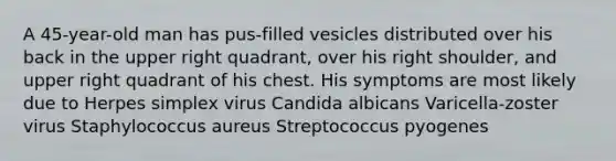 A 45-year-old man has pus-filled vesicles distributed over his back in the upper right quadrant, over his right shoulder, and upper right quadrant of his chest. His symptoms are most likely due to Herpes simplex virus Candida albicans Varicella-zoster virus Staphylococcus aureus Streptococcus pyogenes