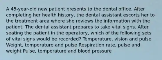 A 45-year-old new patient presents to the dental office. After completing her health history, the dental assistant escorts her to the treatment area where she reviews the information with the patient. The dental assistant prepares to take vital signs. After seating the patient in the operatory, which of the following sets of vital signs would be recorded? Temperature, vision and pulse Weight, temperature and pulse Respiration rate, pulse and weight Pulse, temperature and blood pressure