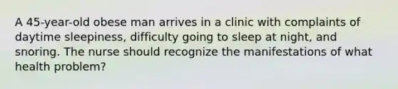 A 45-year-old obese man arrives in a clinic with complaints of daytime sleepiness, difficulty going to sleep at night, and snoring. The nurse should recognize the manifestations of what health problem?