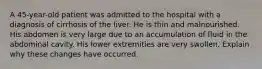 A 45-year-old patient was admitted to the hospital with a diagnosis of cirrhosis of the liver. He is thin and malnourished. His abdomen is very large due to an accumulation of fluid in the abdominal cavity. His lower extremities are very swollen. Explain why these changes have occurred.