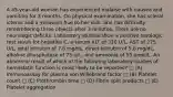 A 45-year-old woman has experienced malaise with nausea and vomiting for 3 months. On physical examination, she has scleral icterus and a yellowish hue to her skin. She has difficulty remembering three objects after 3 minutes. There are no neurologic deficits. Laboratory studies show a positive serologic test result for hepatitis C, a serum ALT of 310 U/L, AST of 275 U/L, total bilirubin of 7.6 mg/dL, direct bilirubin of 5.8 mg/dL, alkaline phosphatase of 75 U/L, and ammonia of 55 μmol/L. An abnormal result of which of the following laboratory studies of hemostatic function is most likely to be reported? □ (A) Immunoassay for plasma von Willebrand factor □ (B) Platelet count □ (C) Prothrombin time □ (D) Fibrin split products □ (E) Platelet aggregation