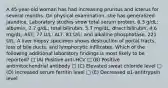 A 45-year-old woman has had increasing pruritus and icterus for several months. On physical examination, she has generalized jaundice. Laboratory studies show total serum protein, 6.3 g/dL; albumin, 2.7 g/dL; total bilirubin, 5.7 mg/dL; direct bilirubin, 4.6 mg/dL; AST, 77 U/L; ALT, 81 U/L; and alkaline phosphatase, 221 U/L. A liver biopsy specimen shows destruction of portal tracts, loss of bile ducts, and lymphocytic infiltrates. Which of the following additional laboratory findings is most likely to be reported? □ (A) Positive anti-HCV □ (B) Positive antimitochondrial antibody □ (C) Elevated sweat chloride level □ (D) Increased serum ferritin level □ (E) Decreased α1-antitrypsin level