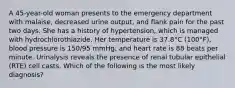 A 45-year-old woman presents to the emergency department with malaise, decreased urine output, and flank pain for the past two days. She has a history of hypertension, which is managed with hydrochlorothiazide. Her temperature is 37.8°C (100°F), blood pressure is 150/95 mmHg, and heart rate is 88 beats per minute. Urinalysis reveals the presence of renal tubular epithelial (RTE) cell casts. Which of the following is the most likely diagnosis?