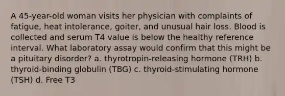 A 45-year-old woman visits her physician with complaints of fatigue, heat intolerance, goiter, and unusual hair loss. Blood is collected and serum T4 value is below the healthy reference interval. What laboratory assay would confirm that this might be a pituitary disorder? a. thyrotropin-releasing hormone (TRH) b. thyroid-binding globulin (TBG) c. thyroid-stimulating hormone (TSH) d. Free T3