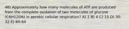 46) Approximately how many molecules of ATP are produced from the complete oxidation of two molecules of glucose (C6H12O6) in aerobic cellular respiration? A) 2 B) 4 C) 15 D) 30-32 E) 60-64