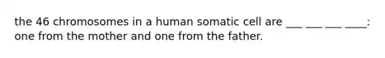 the 46 chromosomes in a human somatic cell are ___ ___ ___ ____: one from the mother and one from the father.