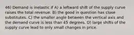 46) Demand is inelastic if A) a leftward shift of the supply curve raises the total revenue. B) the good in question has close substitutes. C) the smaller angle between the vertical axis and the demand curve is less than 45 degrees. D) large shifts of the supply curve lead to only small changes in price.