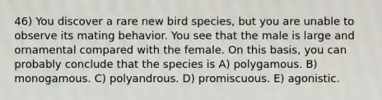 46) You discover a rare new bird species, but you are unable to observe its mating behavior. You see that the male is large and ornamental compared with the female. On this basis, you can probably conclude that the species is A) polygamous. B) monogamous. C) polyandrous. D) promiscuous. E) agonistic.